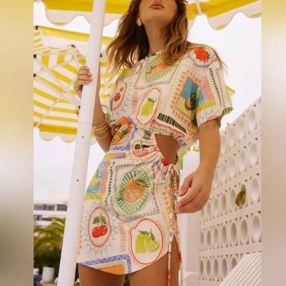 Seven Wonders Brizzie Mini Dress Women's XS Agata Mixed Fruit Print Cutout Beach